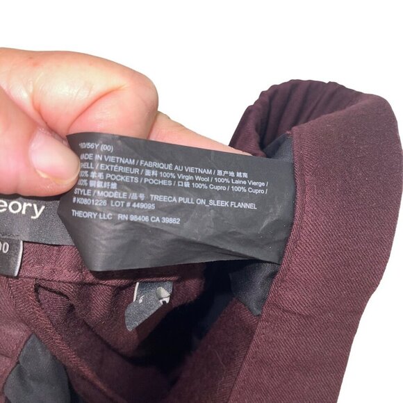 Theory Womens Pants Size 00 Burgundy Sleek Flannel Slim Fit Mid Rise Cropped - Picture 5 of 8